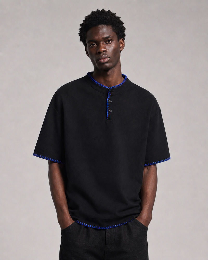 BLANKET STITCH HENLEY T-SHIRT