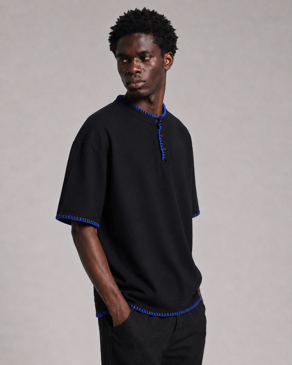 OFFSURGE Blanket Stitch Henley T-Shirt in Black