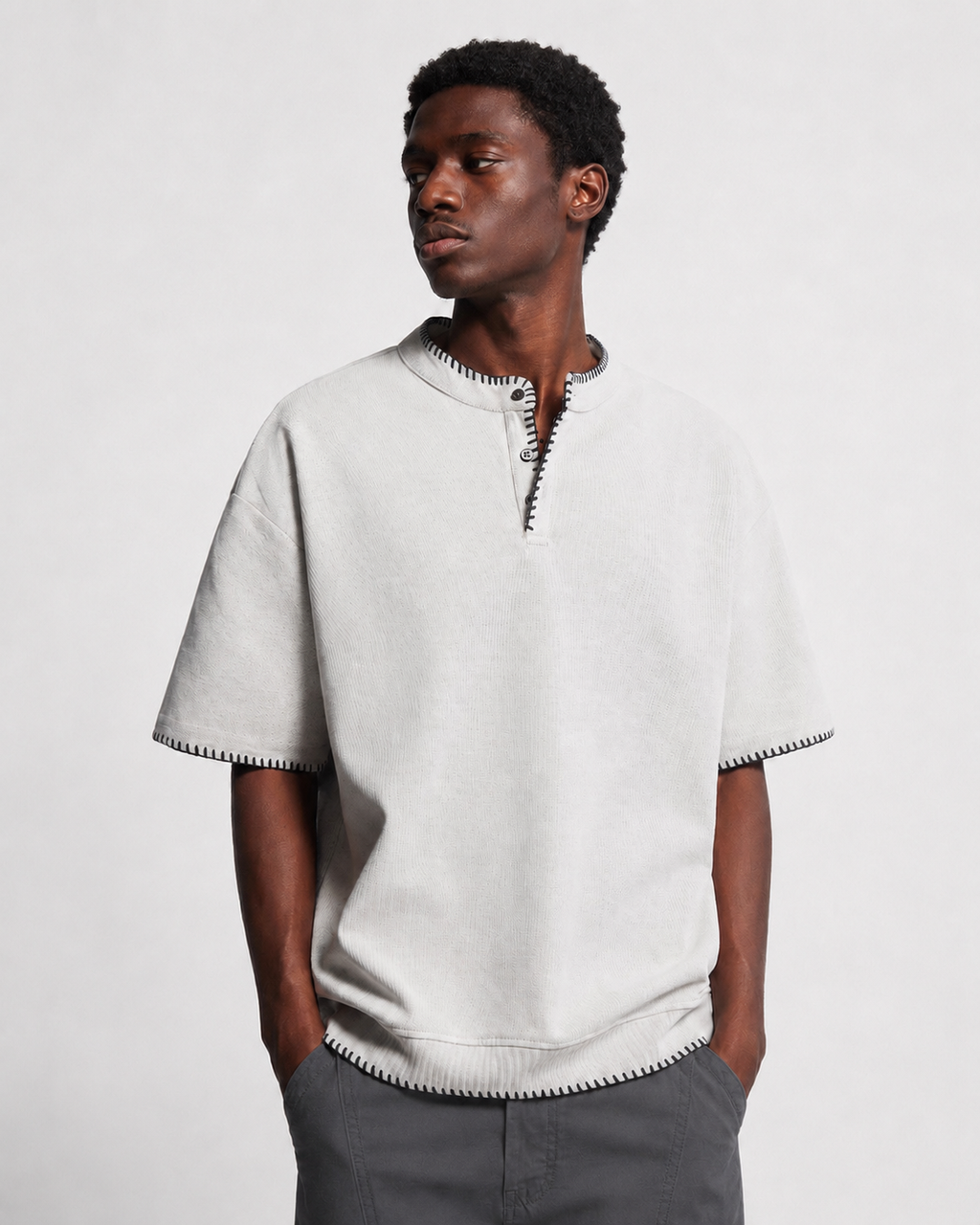 OFFSURGE Blanket Stitch Henley T-Shirt in Soft Grey