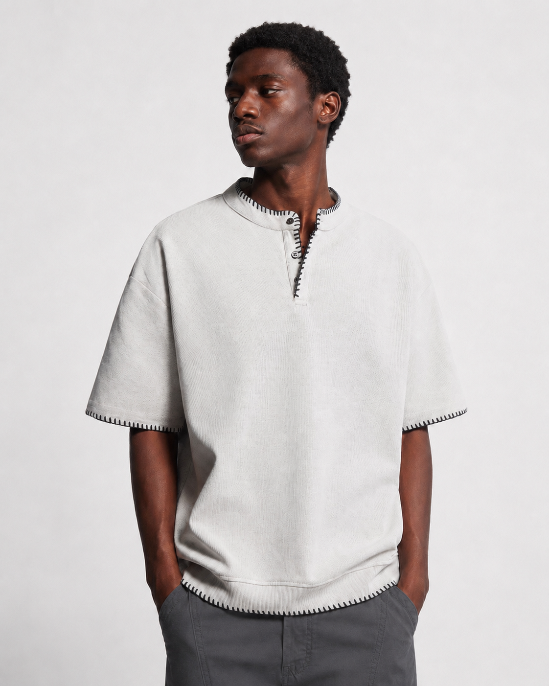OFFSURGE Blanket Stitch Henley T-Shirt in Soft Grey