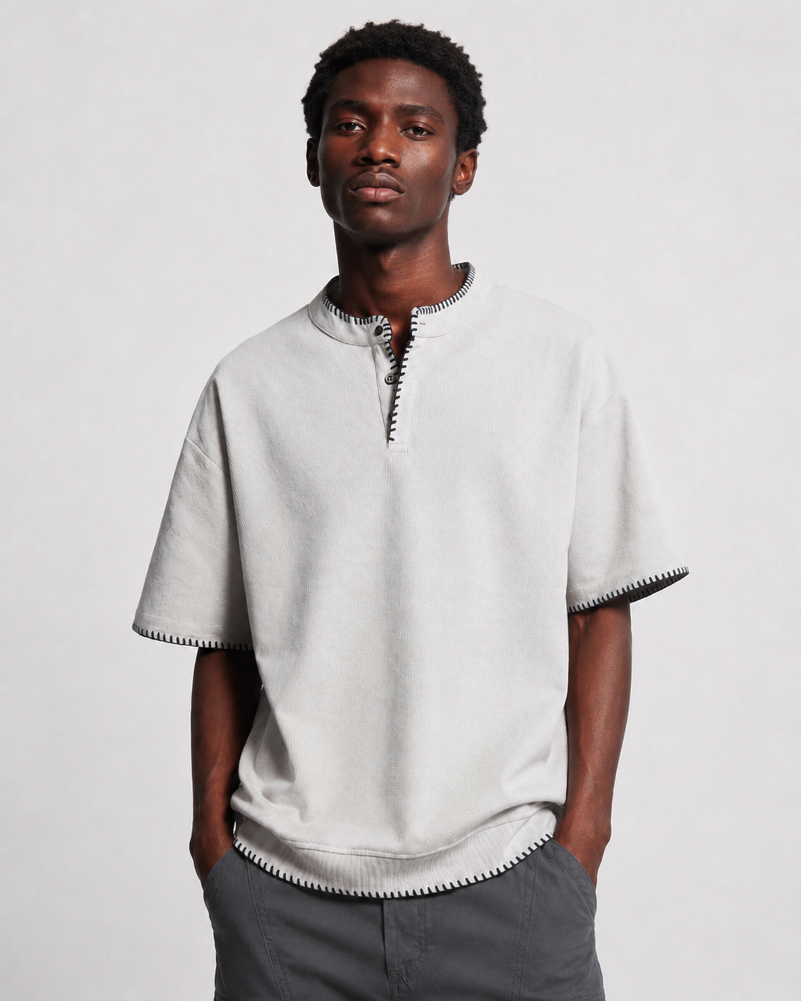 OFFSURGE Blanket Stitch Henley T-Shirt in Soft Grey