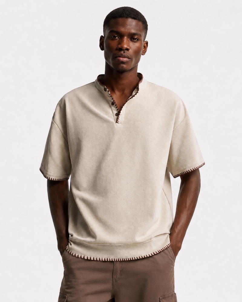 BLANKET STITCH HENLEY T-SHIRT