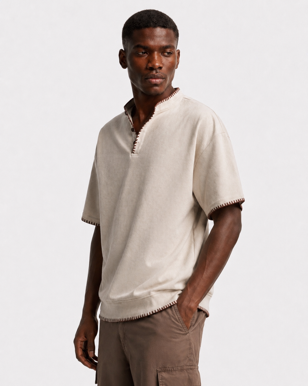 OFFSURGE Blanket Stitch Henley T-Shirt in Stone Beige