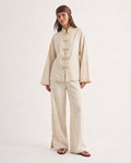 OFFSURGE Frog Detail Wide Leg Cotton Pants in Natural Cream