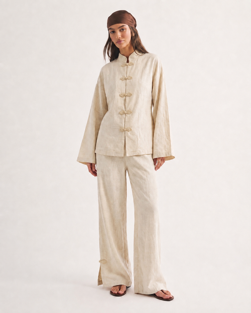 OFFSURGE Frog Detail Wide Leg Cotton Pants in Natural Cream