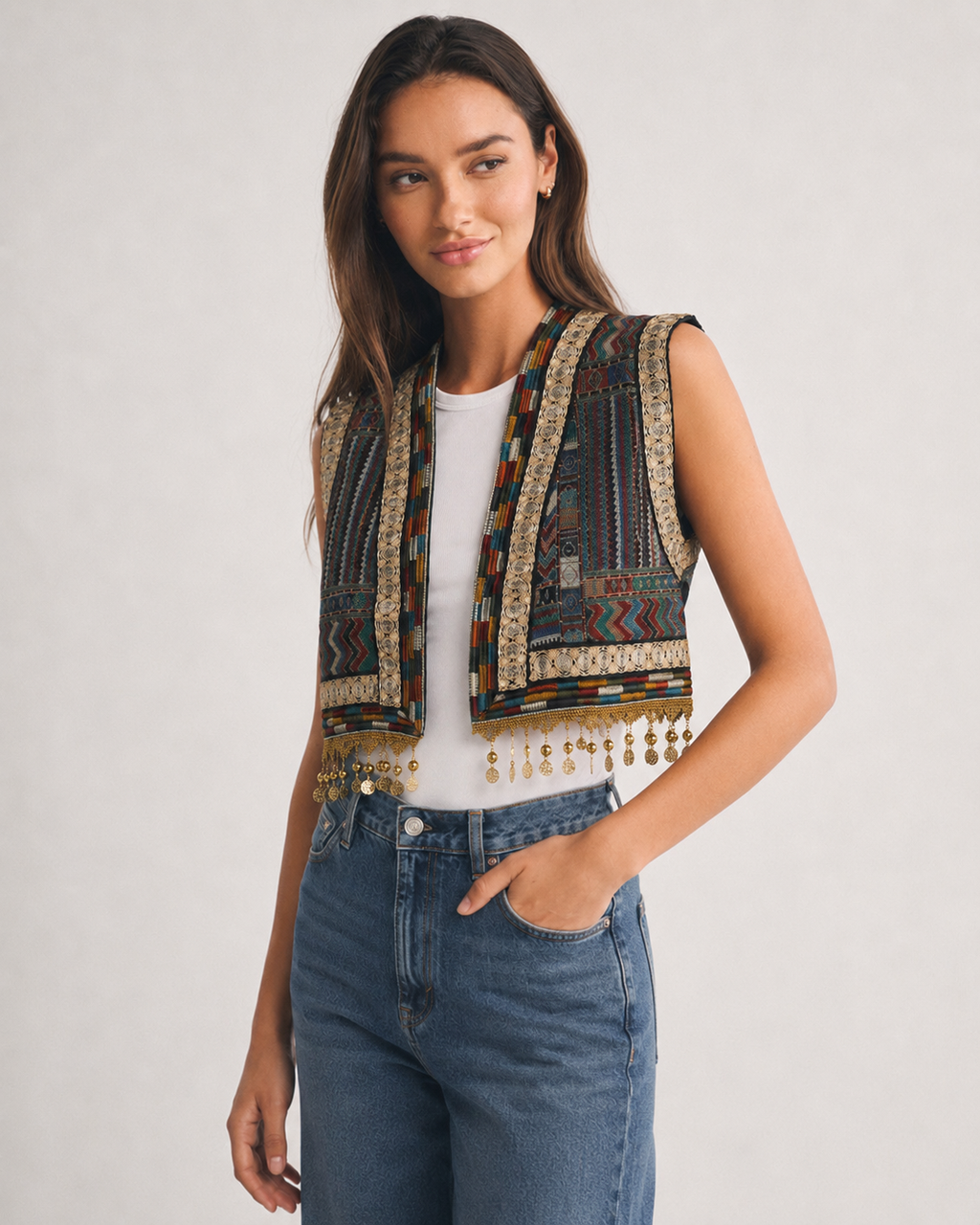 OFFSURGE Embellished Cropped Vest in Black Multi