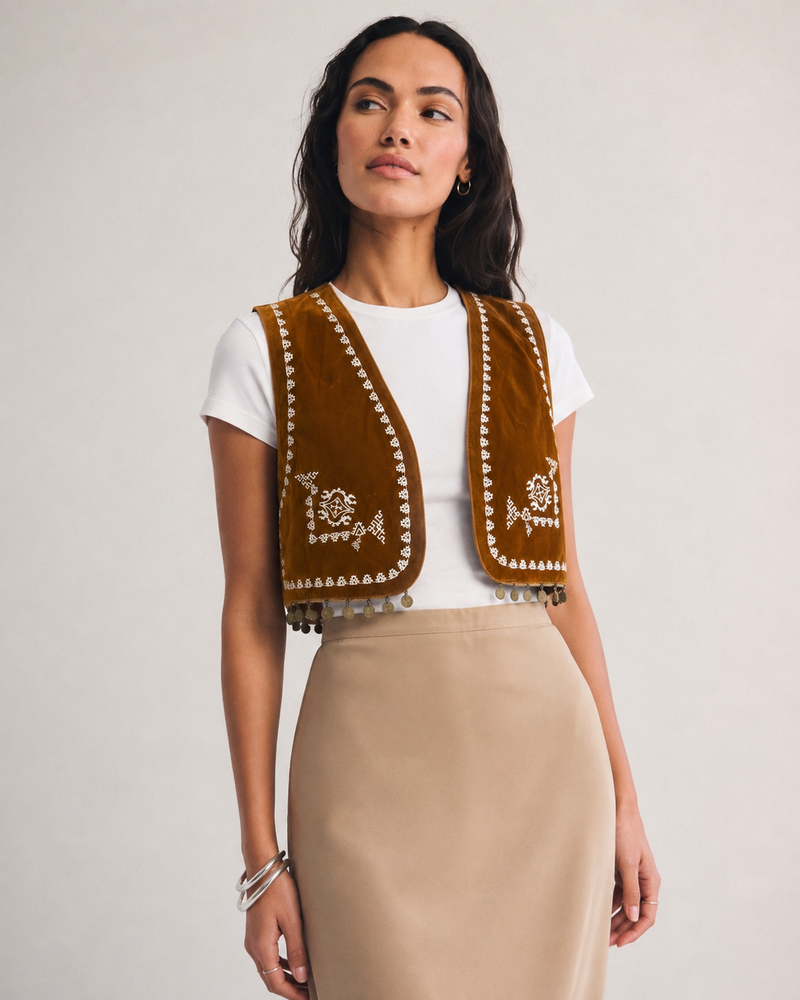 EMBROIDERED COIN FRINGE VEST