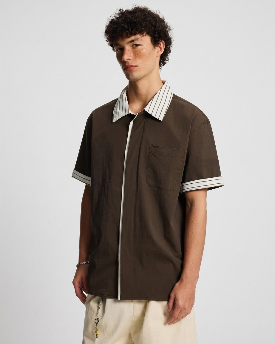 STRIPED COLLAR SHORT SLEEVE SHIRT