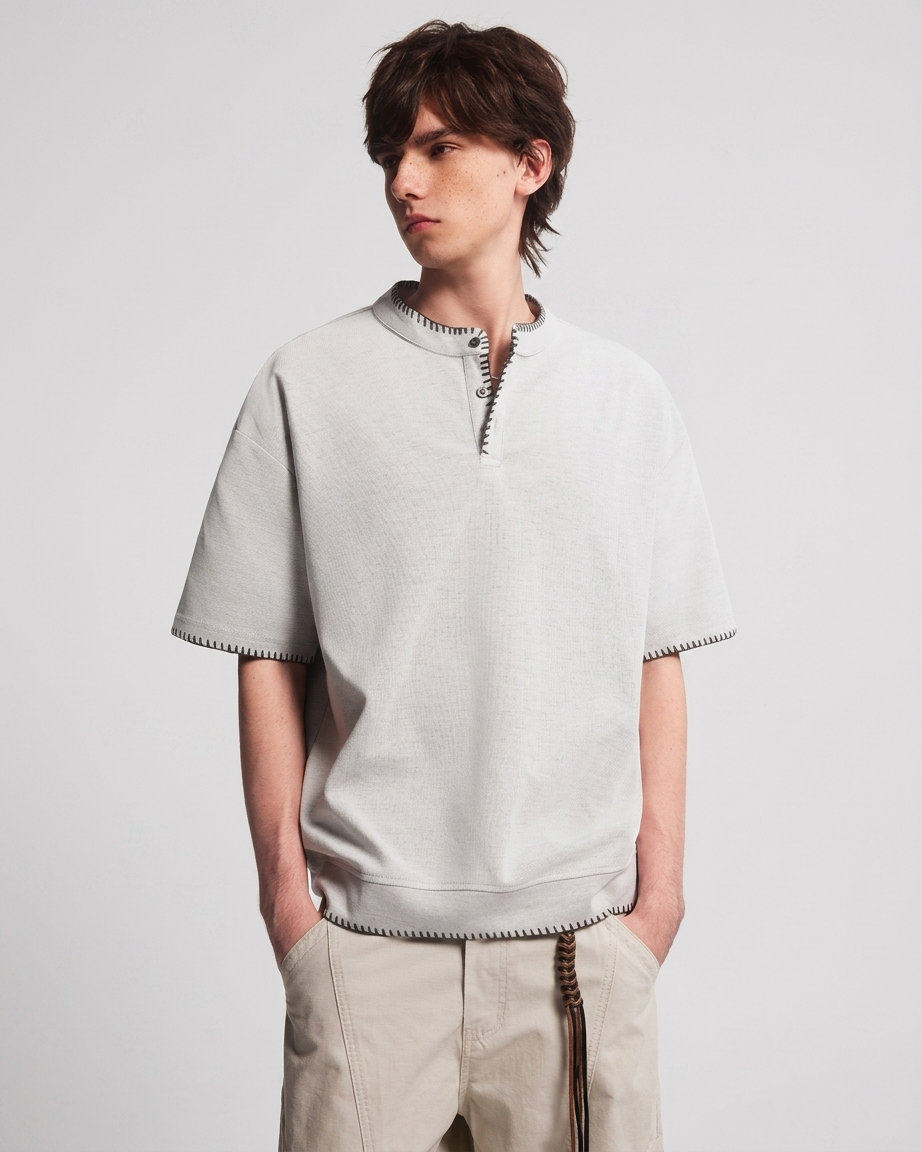 BLANKET STITCH HENLEY T-SHIRT