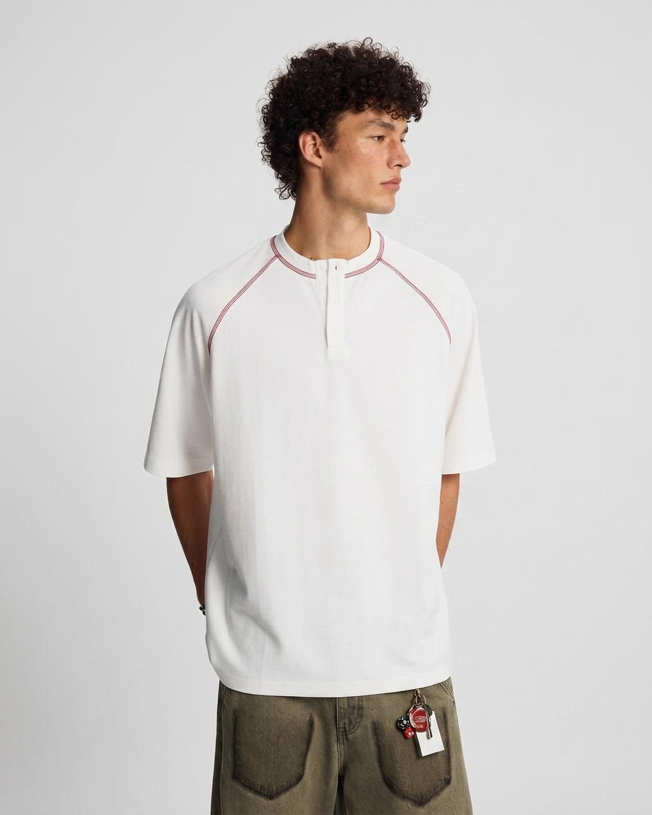 CONTRAST STITCH HENLEY T-SHIRT