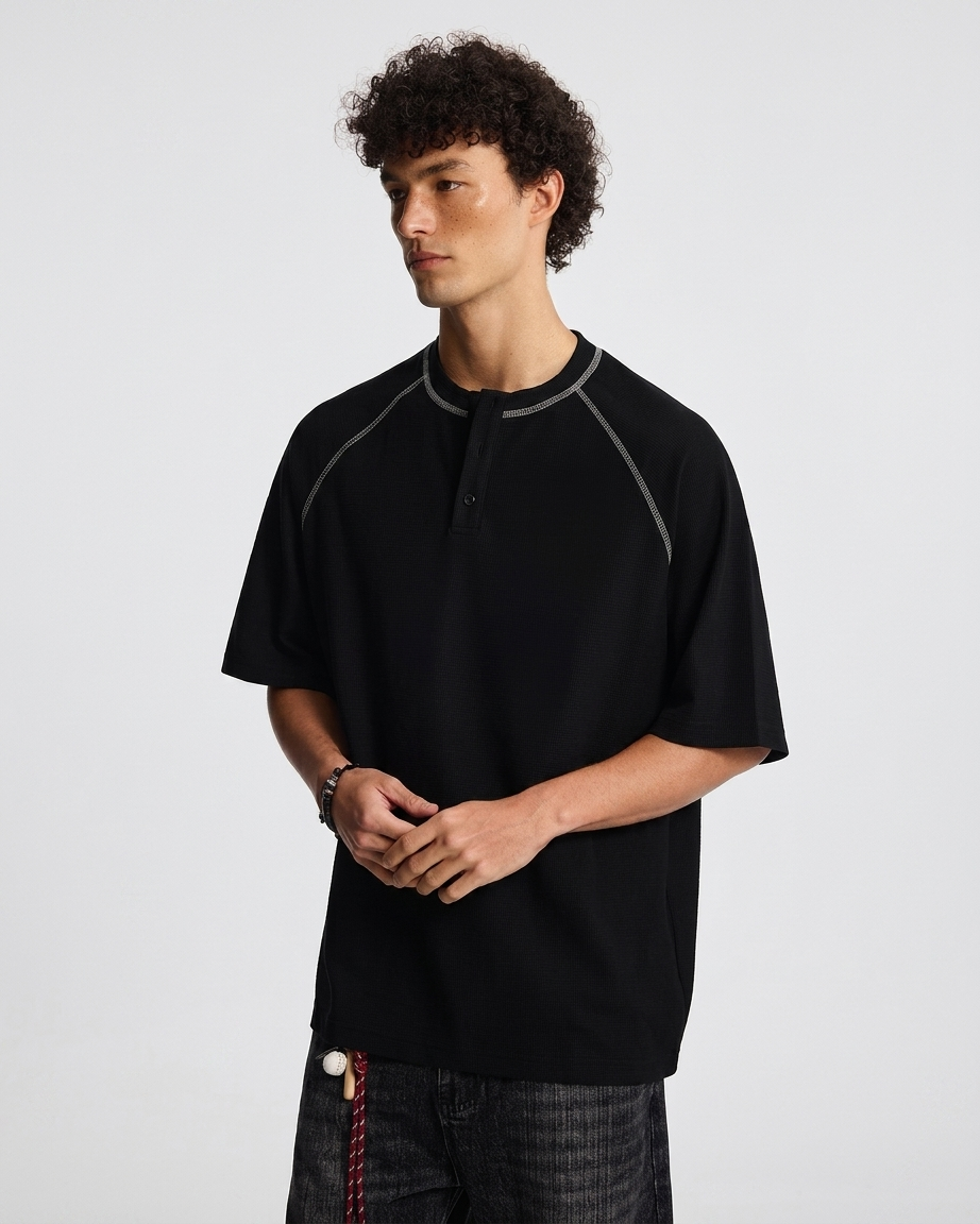 CONTRAST STITCH HENLEY T-SHIRT