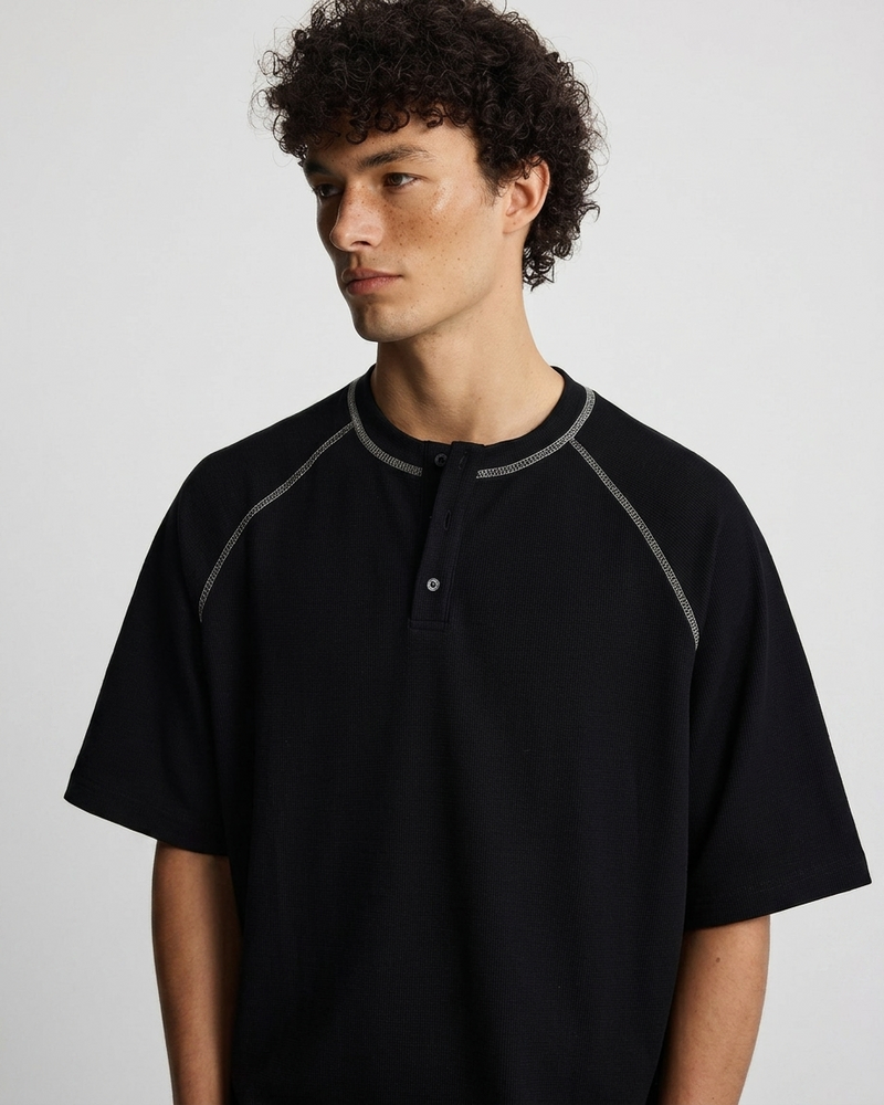 CONTRAST STITCH HENLEY T-SHIRT
