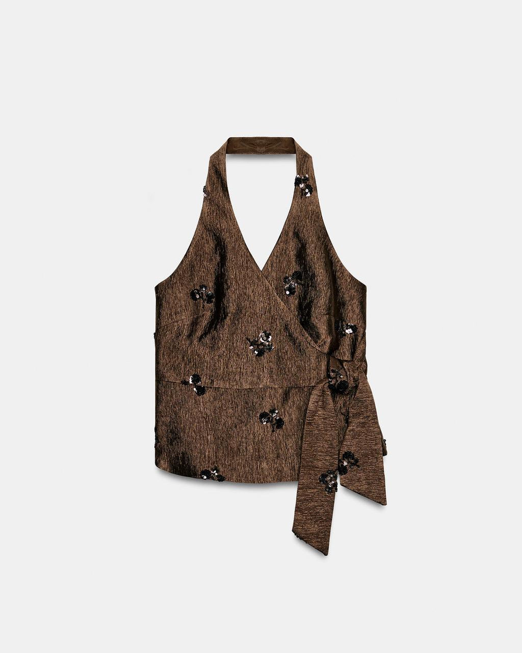 TEXTURED EMBELLISHED HALTER WRAP TOP