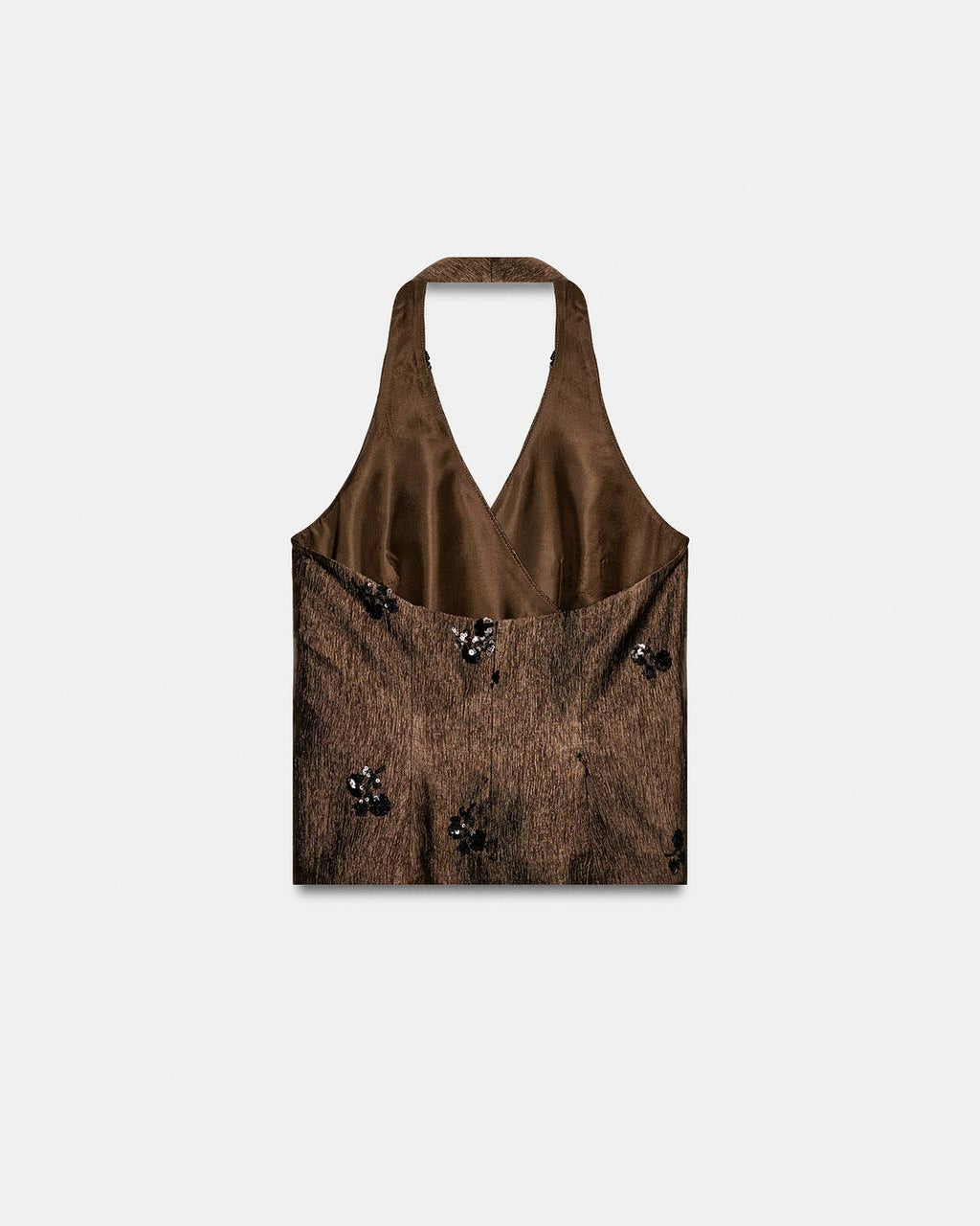 TEXTURED EMBELLISHED HALTER WRAP TOP
